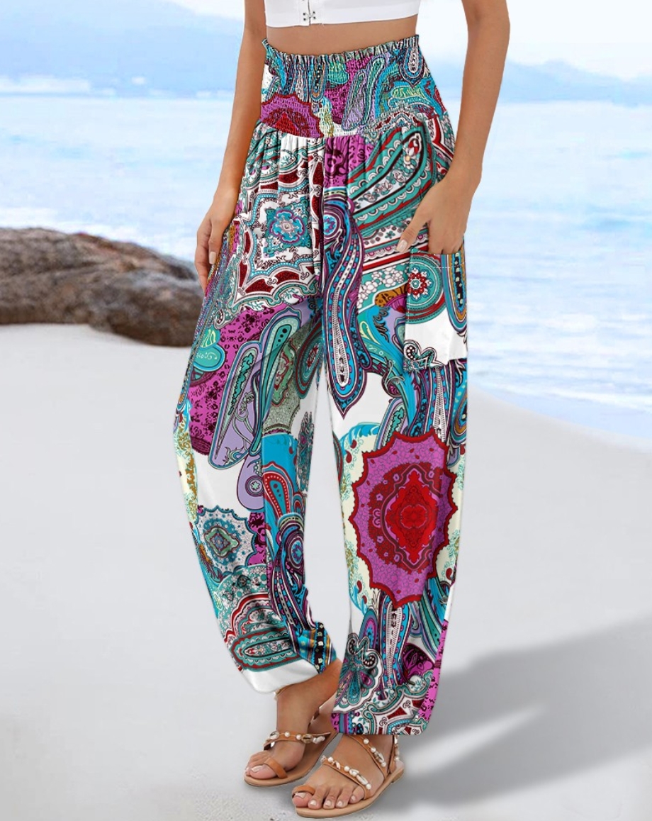 Pantalon Harem Bohème Taille Haute pour Femme avec Imprimé Floral et Géométrique, Poches Latérales et Chevilles Élastiquées – Idéal pour les Vacances à la Plage