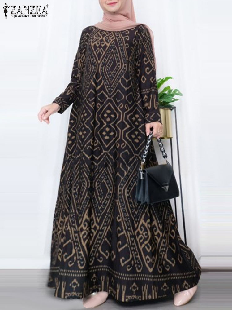 ZANZEA-Robe Longue Vintage à Imprimé Floral pour Femme, Hijab de Turquie, Abaya Musulmane à Manches sulf, Maxi, Printemps