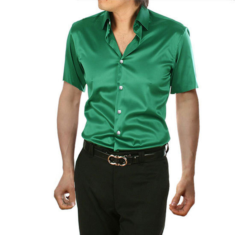 InjSatin-Chemise pour Homme Brillante, Lisse, Confortable, Manches Courtes, Chemise Décontractée, Slim Fit, Spectacle sur Scène, brev