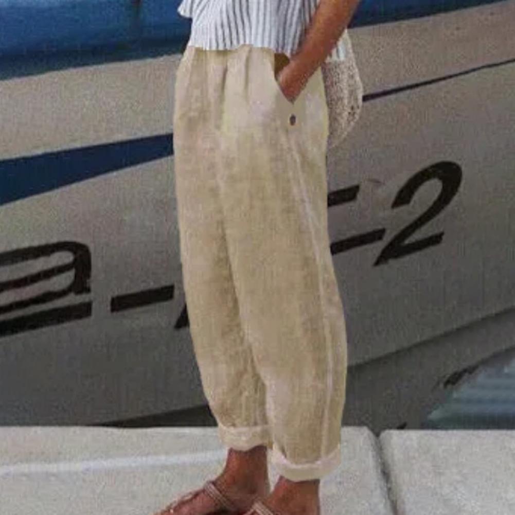 Coton lin femmes sarouel couleur unie poches été taille élastique Baggy pantalon couleur Pure pantalons de survêtement élégant pantalons décontractés
