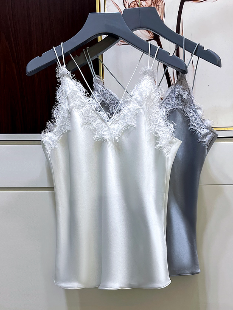 Débardeur en soie à col en V avec patchwork de dentelle pour femme, hauts en satin sans manches été 2026