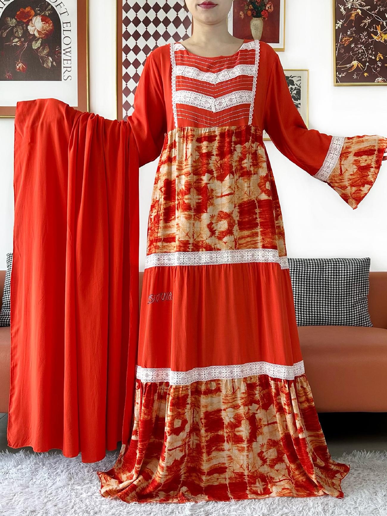 Robe africaine de qualité supérieure, boubou KASHKHA en coton, abaya musulmane ample avec grand foulard brodé, robe maxi pour le Ramadan