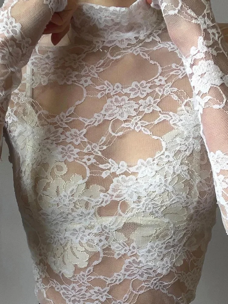 Chemisier Sexy en dentelle pour femmes, chemises d'été à col roulé, manches longues, transparent, Patchwork, hauts fins