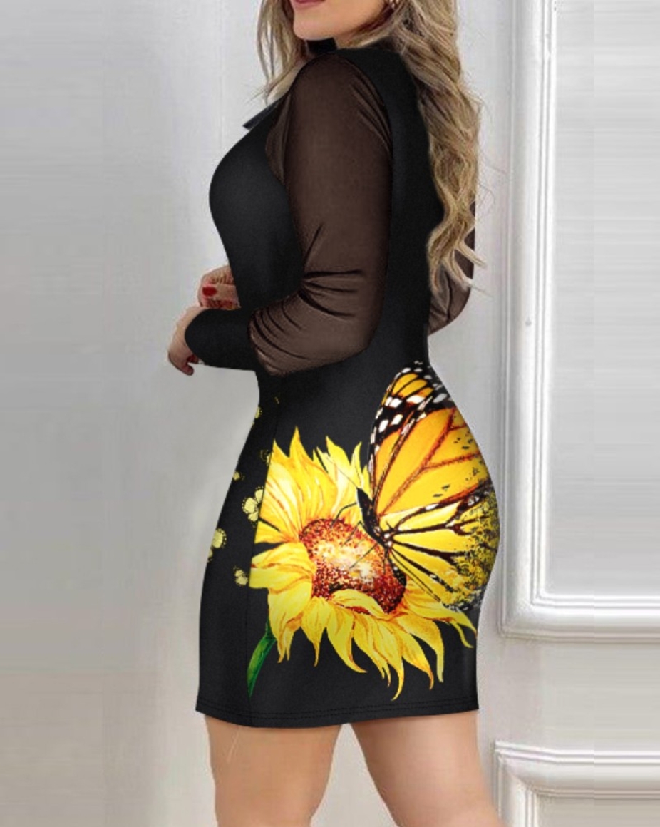 Robe élégante pour femmes automne maille à manches longues col rabattu robe imprimée