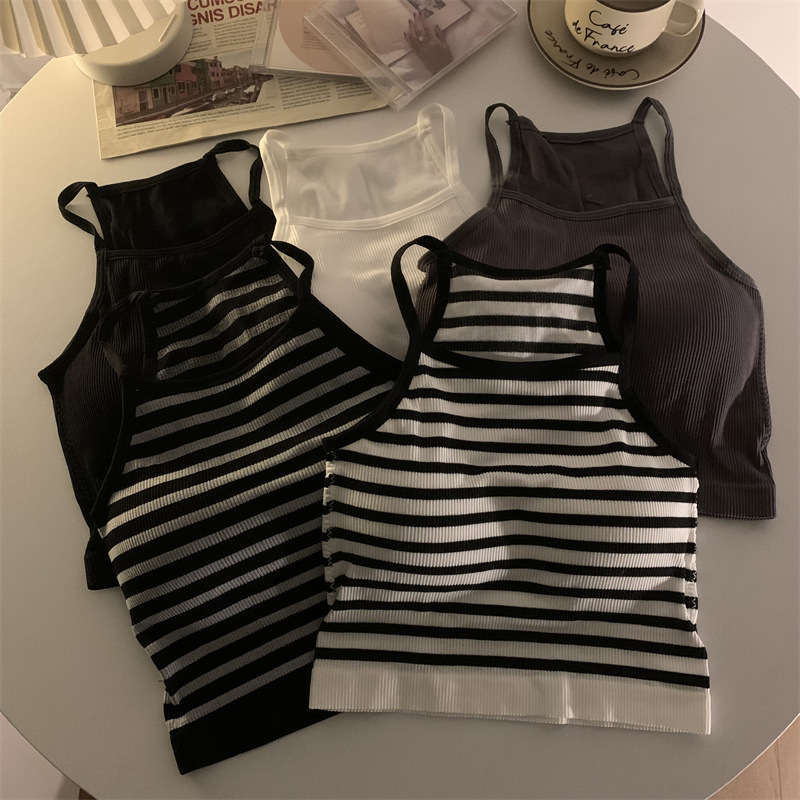 Haut court avec coussretours de poitrine pour femme, caraco basique, fibre rayée, mode décontractée, version coréenne