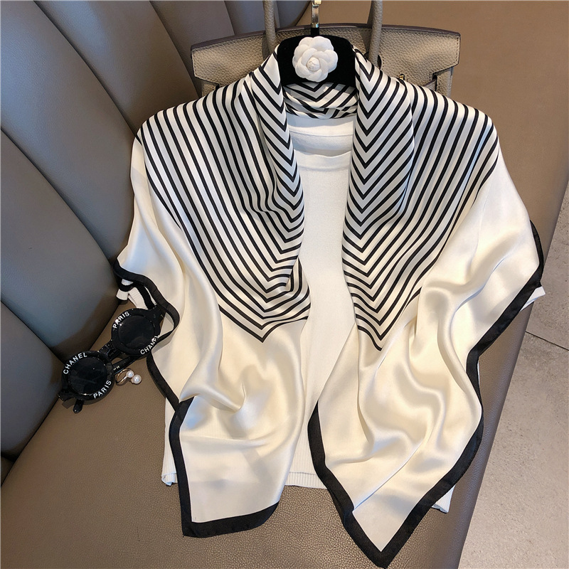 Foulard en soie imitation soie pour femme, grand châle enveloppant, écharpe carrée rayée, Bandana, 90x90cm