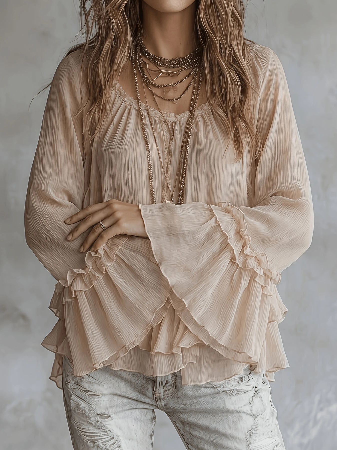 Chemisier Bohème en Chiffon pour Femme, Manches Longues Évasées, Col Bardot, Ourlet Superposé Volanté, Coupe Ample Décontractée, Style Vintage, Haut Quotidien