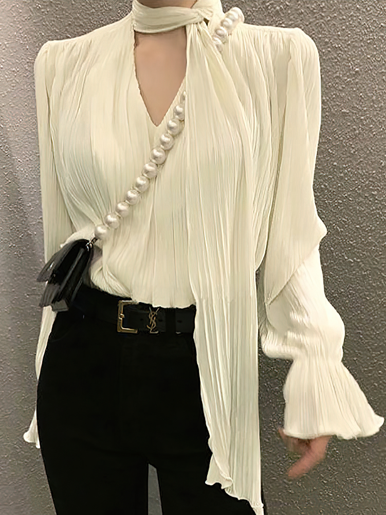 Chemisier plissé à manches longues pour femme, haut basique à col en V à volants, élégant, décontracté, surdimensionné, vêtements de bureau pour femme, cravates de luxe, coréen, chic