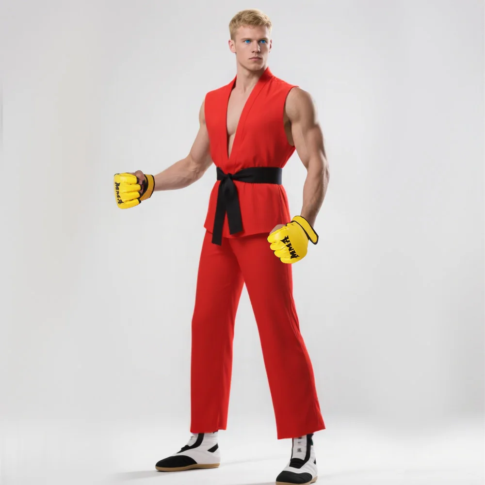 Uniforme d'arts martiaux blanc et rouge pour hommes, avec ceinture, Costume de Cosplay Ryu Ken, tenue inspirée de Street Fighter pour Halloween, mascarade, Fan