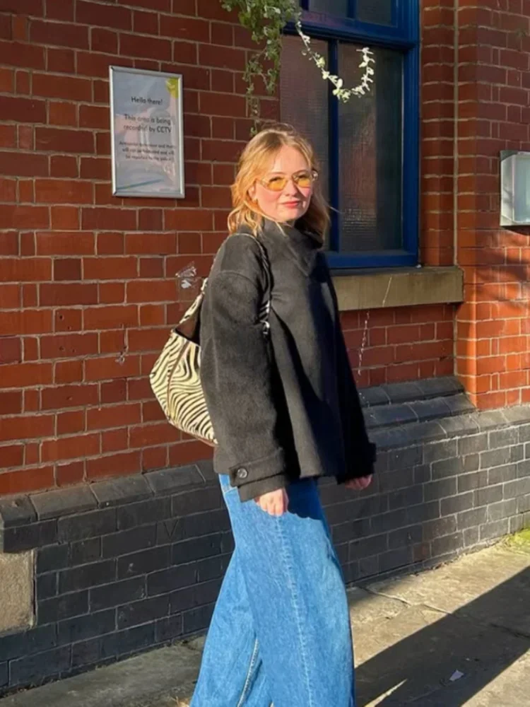 Femmes mode solide laine manteaux décontracté col haut manches longues simple boutonnage ample recadrée manteau dame rue loisirs vêtements d'extérieur