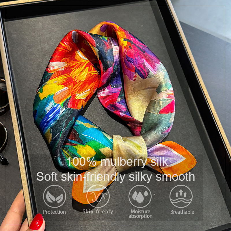 Foulard de luxe en soie de mûrier pour femmes, imprimé Floral à l'huile, Bandana, châle, foulard pour dames, enveloppe décorative, 53cm, 100%