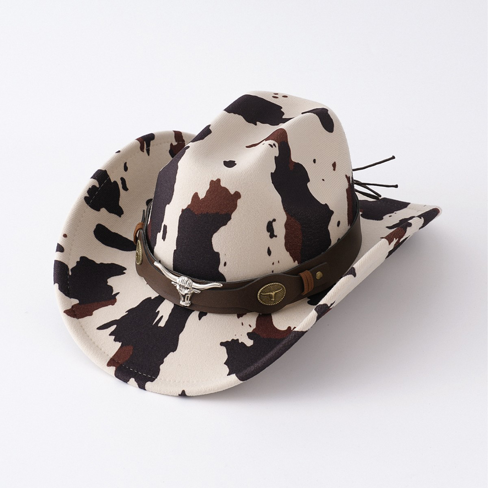 Casquettes occidentales imprimées de vache de Style ethnique avec ceinture, chapeau de Cowgirl à large bord tendance pour femmes et hommes, chapeau de soleil de Protection UV en plein air pour fête