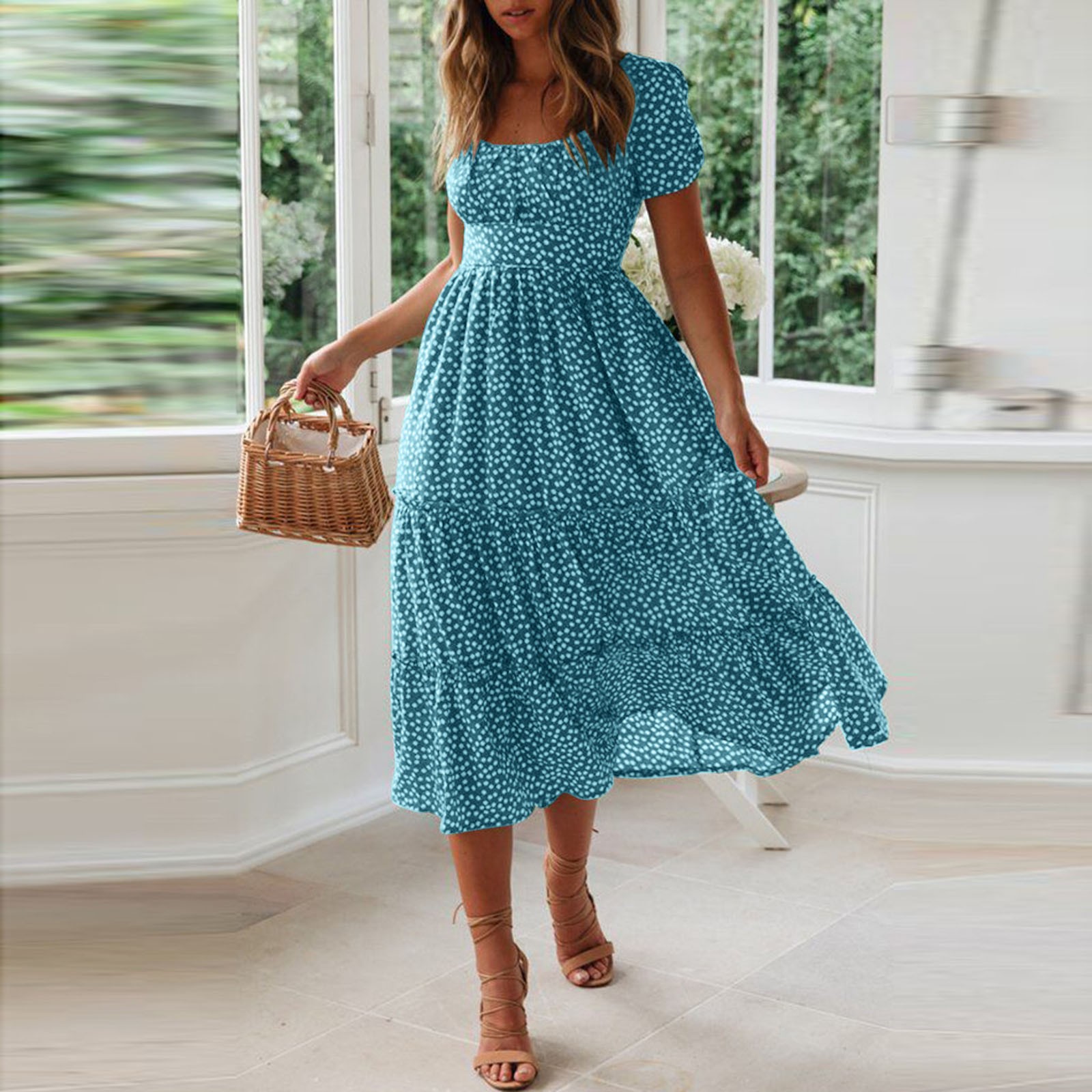 Robe d'été à fleurs fragmentées pour femmes, manches courtes évasées, décontractée, fluide, mi-longue, tempérament élégant, robes de soirée, tendance 2024