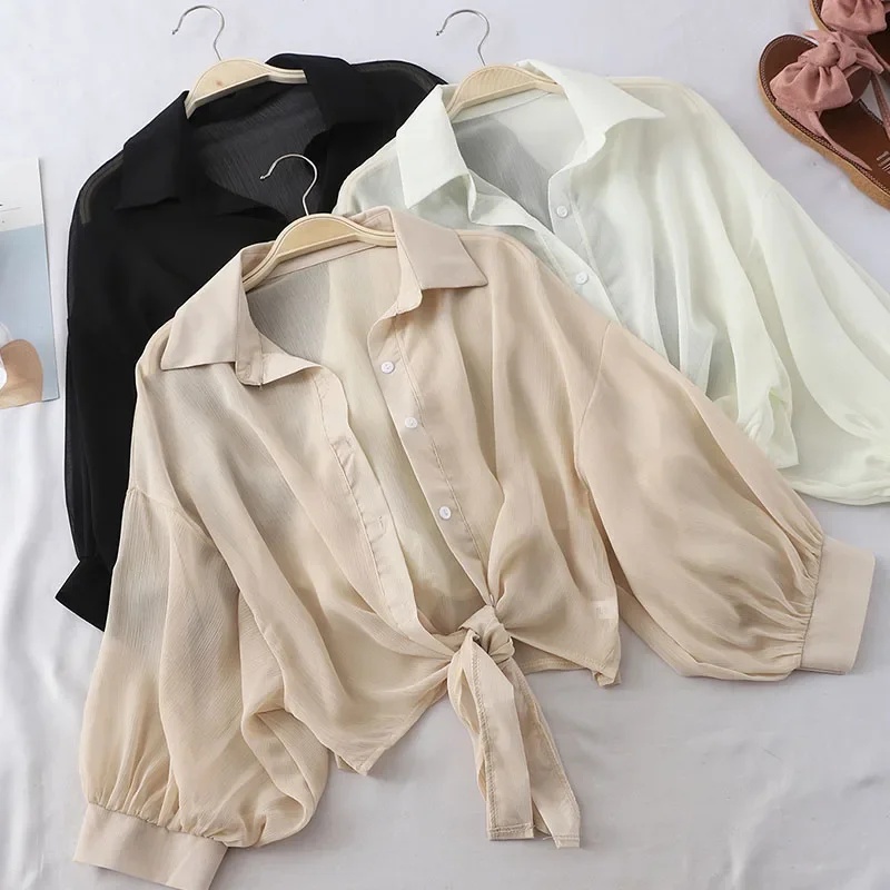 Chemisier en mousseline de soie pour femmes, vêtements blancs ajourés, amples, élégants, couleur unie, taille nouée, chauve-souris, demi-manches, boutons, été