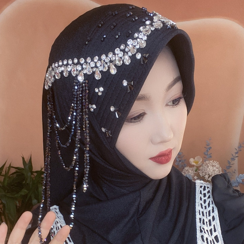 Foulard africain pour femmes, éponge à bord souple, pratique, couvre-tête avec pompon en diamant, perles de luxe, chapeau Hijab pour filles
