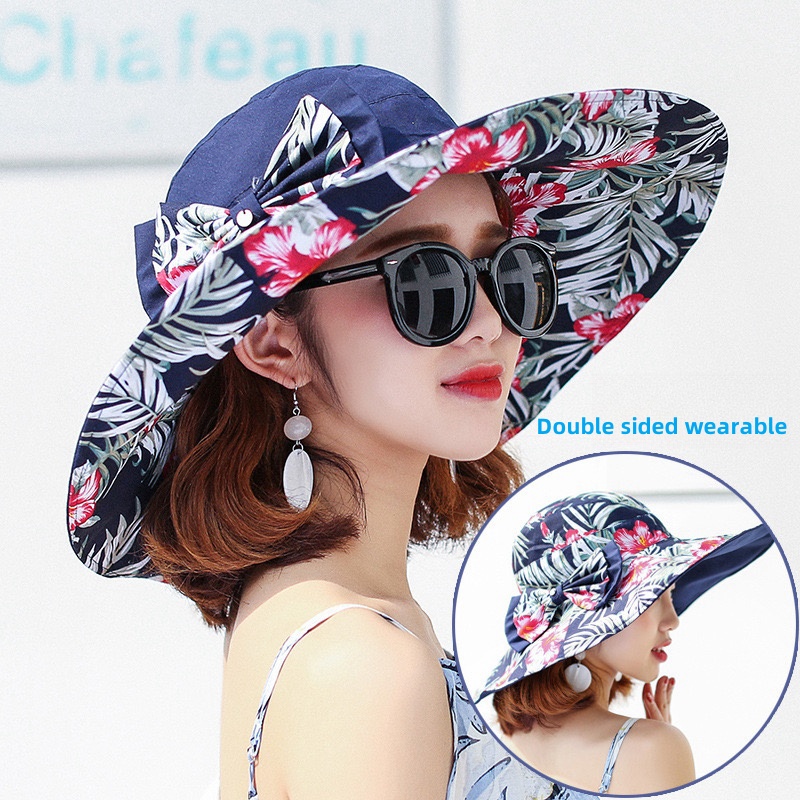 Chapeau de plage d'été style européen et américain, chapeau de soleil arc-en-ciel double face, chapeau de pêcheur à nœud, chapeau d'extérieur à bord large