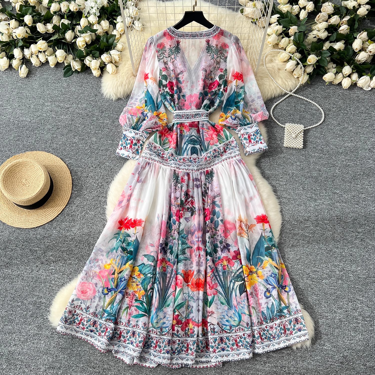 Robe d'été bohème en mousseline de soie à fleurs pour femmes, col en V, manches longues lanterne, ceintures, plage, vacances, éducatif, 2025