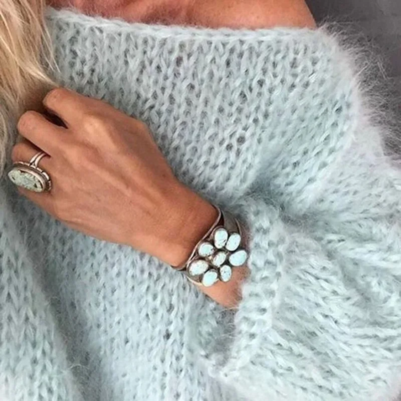 Mohair-Pull moelleux à manches longues lanterne pour femmes, pull en tricot streetwear, pull respirant, vêtements pour femmes
