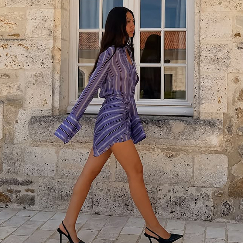 Ensemble deux pièces pour femme à col boutonné, chemise à manches longues à rayures verticales transparentes sur le devant et pantalon long évasé à taille haute et jambes larges, Nouveauté 2026