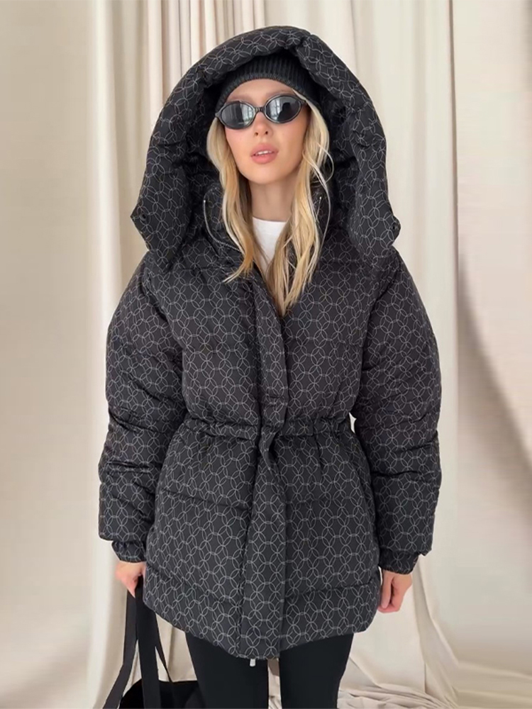 Manteau en coton épais imprimé pour femme, décontracté, fermeture éclair à capuche, fermeture à la taille, vestes chaudes, Chic, Streetwear, hiver 2025