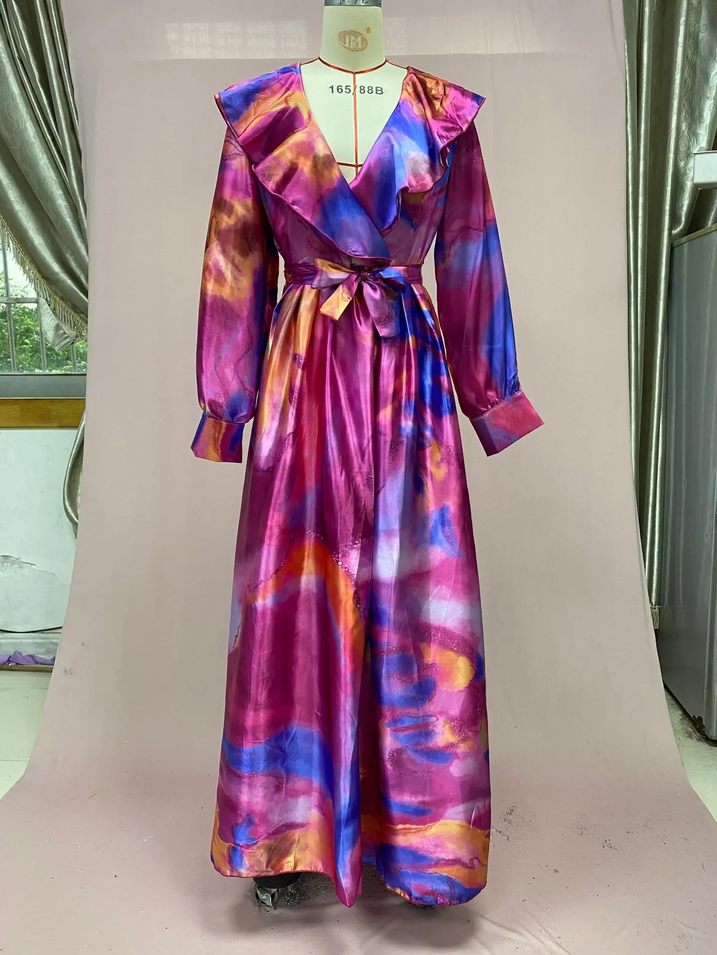 Robe longue imprimée à manches longues pour femmes, ceintures, taille serrée, tempérament féminin, élégante, bureau, dame, éducatif, automne, 2024