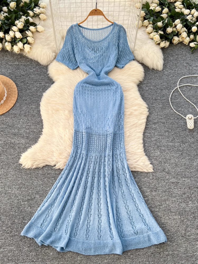 Robe tricotée creuse pour femmes, tenue d'été à manches courtes, queue de poisson, moulante, avec Camisole, Vintage, longue Robe de soirée