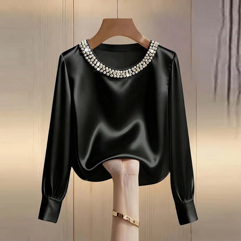 Chemise en Satin élégante pour femmes, Design de perles, manches longues, chemisier en soie, mode col rond, hauts pull amples, printemps automne