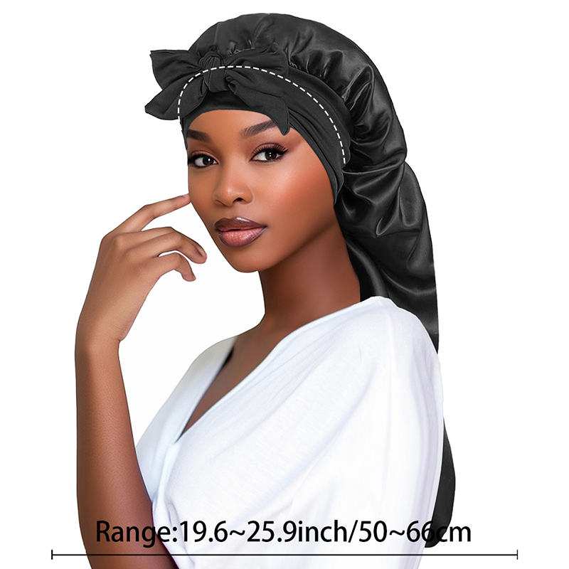 Bonnet de nuit Long en Satin pour femmes noires, couleur unie, Extra Large, avec cravate longue, Bonnet de soins capillaires pour tous les Types de cheveux