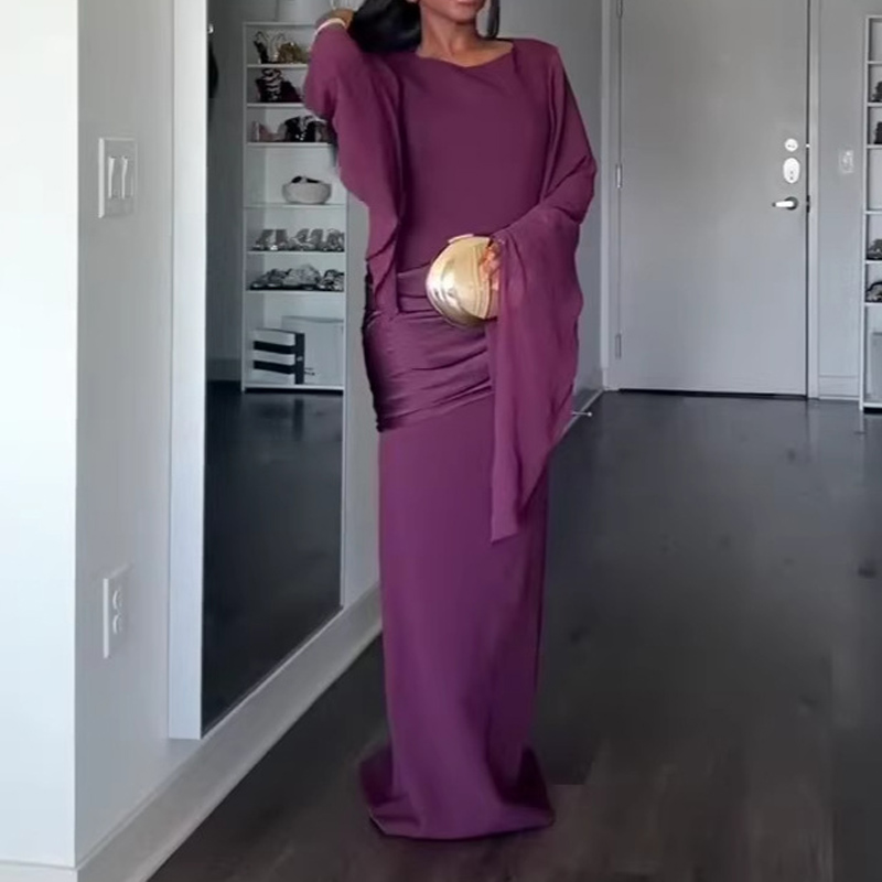 Robe de soirée décontractée à manches évasées et drapées pour femme, robe de mariée moulante unie à la taille, robe de soirée élégante à col rond pour occasions formelles et fêtes