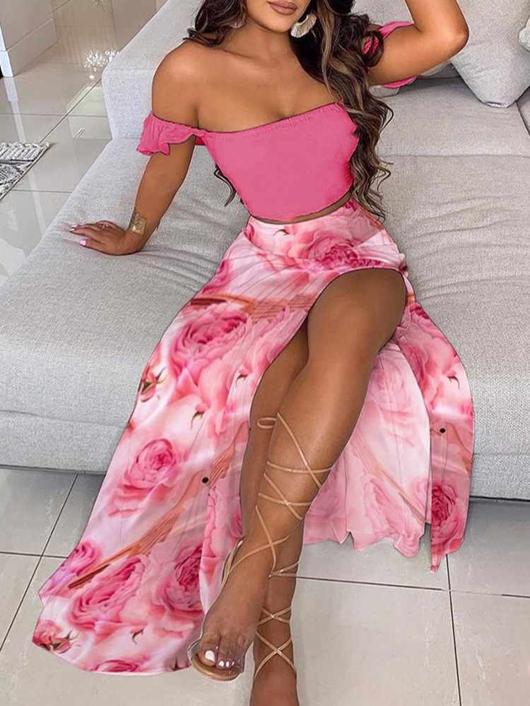 Ensemble jupe mi-longue plissée taille haute et imprimé floral pour femme, jupe longue chic pour femme, monochromatique, mode estivale, 2 pièces