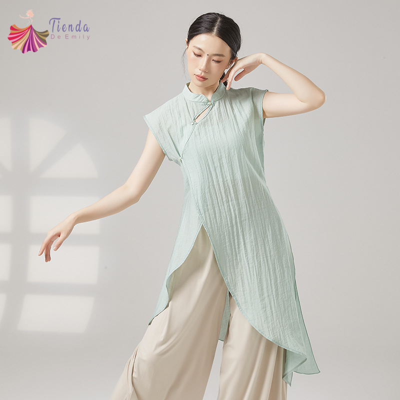 Costumes de danse classique pour femmes, Vintage, col Qipao, hauts Hanfu, robe longue, chemise à manches courtes, ourlet irrégulier, vêtements de Performance