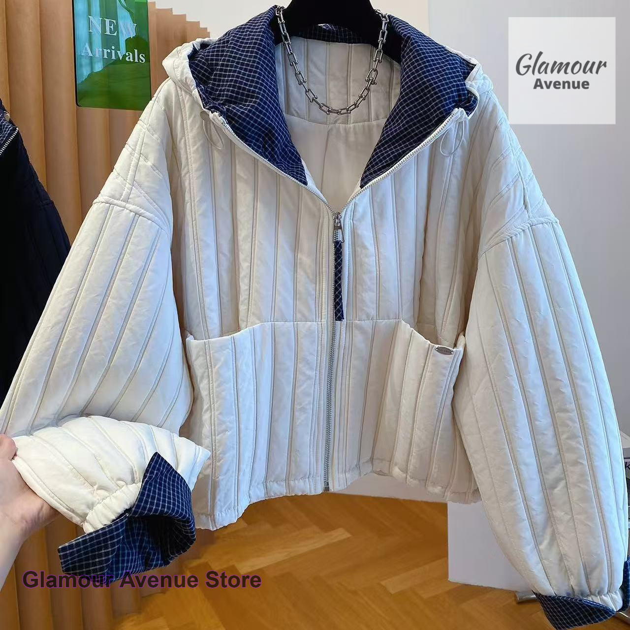 Veste à capuche en coton de style coréen pour femmes, nouvelle collection automne-hiver, veste décontractée à carreaux avec empiècements, légère et rembourrée en coton.