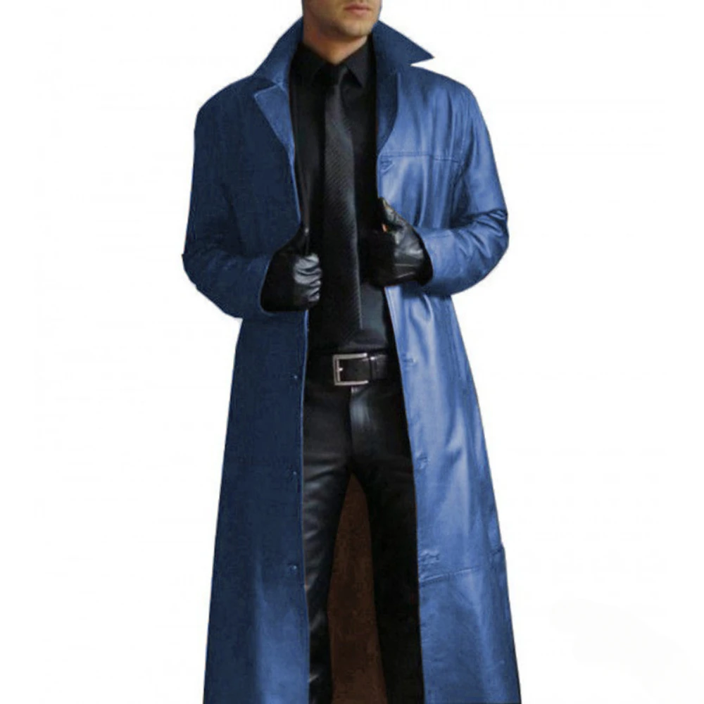 Nouvelles vestes longues en cuir pour hommes 2026 – Manteau trench gothique punk à boutons, col à revers uni, coupe-vent long en PU, manteaux d'hiver en cuir