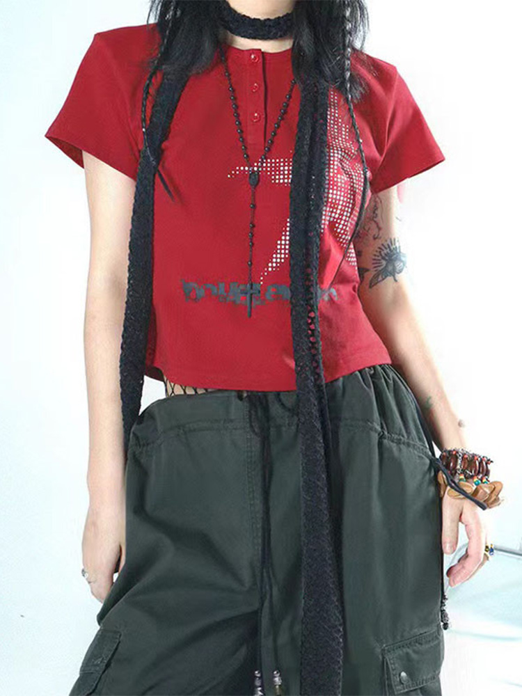 Haut court à manches courtes et col rond pour femmes, T-shirt graphique, Streetwear à motif d'étoiles, Style japonais, Y2K, Harajuku