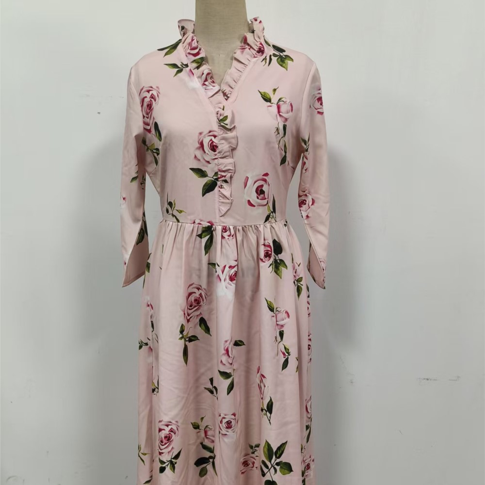 Robe longue élégante et romantique, décontractée, imprimée, taille haute, à la mode, à manches longues, plissée, col en V, coupe trapèze