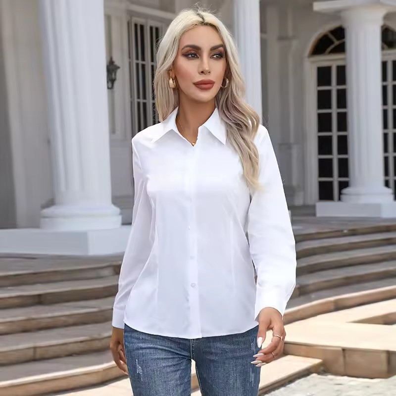 Chemise à manches longues pour femmes, chemisier de bureau pour dames, bouton mince, revers, blanc, tempérament, affaires, décontracté, commpiedmont, document solide