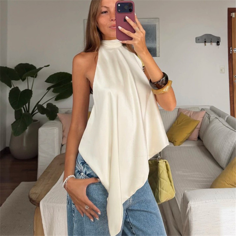 Hirigin – Hauts en satin pour femmes, dos nu sexy, asymétriques, sans manches, à lacets au dos, en soie, pour sortir
