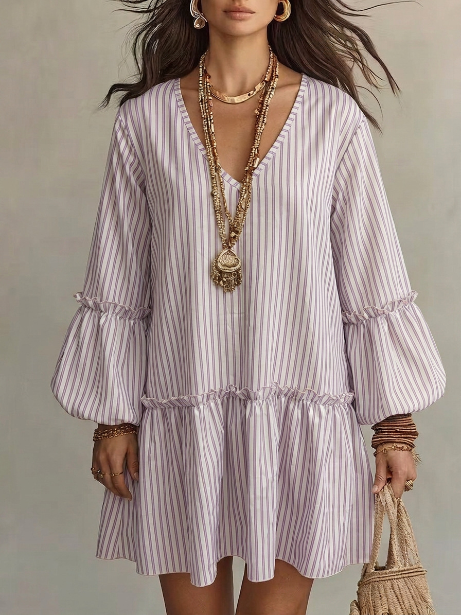 Robe Courte Décontractée Printemps Automne Rayée Colorée Tendance Style Urbain Manches Longues Col V Taille Haute Manches Lanterne