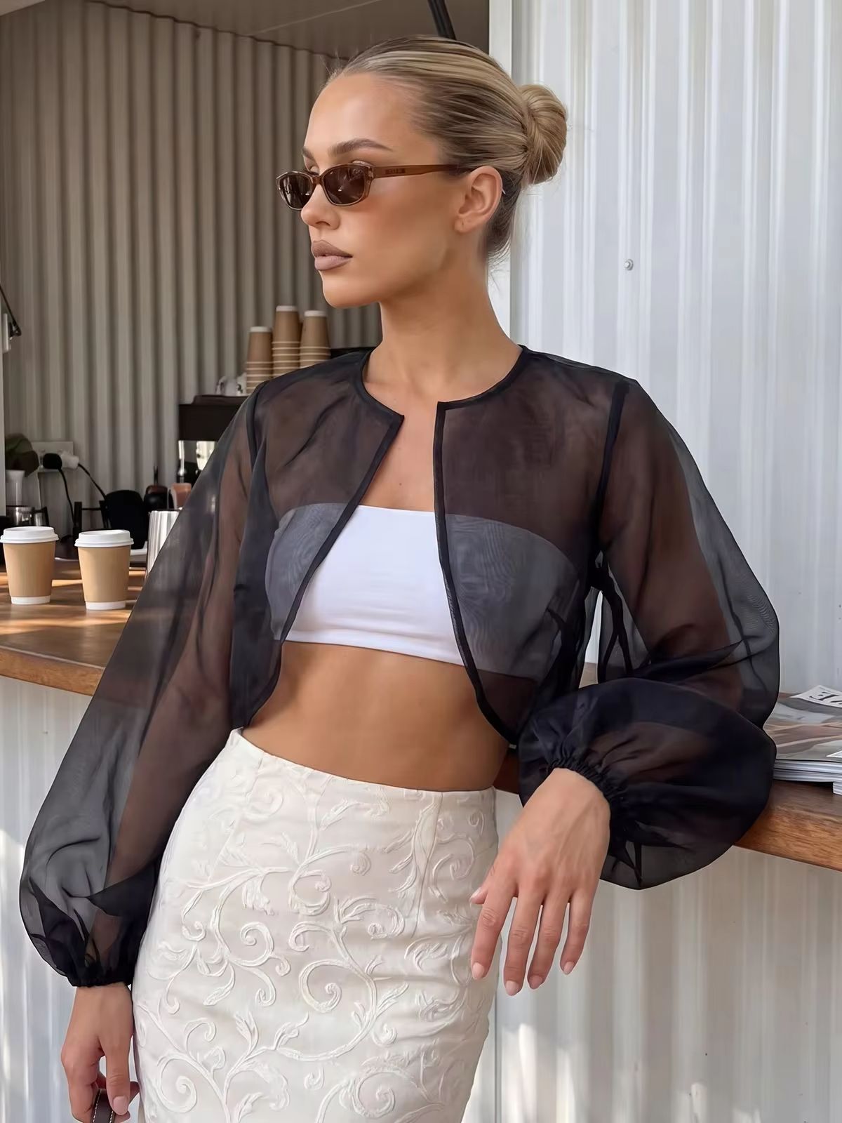 Boléros courts pour femmes, élégants et tendance, en mousseline transparente, à manches longues bouffantes, style cardigan, chemisier ou chemise