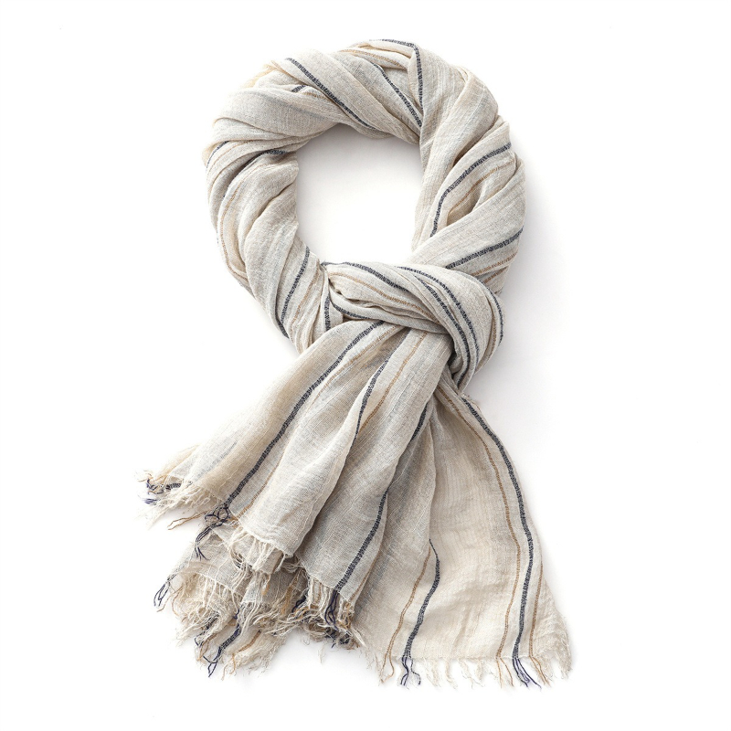 Écharpe rayée en coton et lin pour hommes et femmes, châles et enveloppes longs et doux, pompon court, accessoires masculins, automne hiver