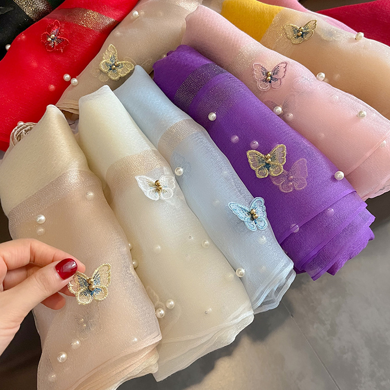Foulard châle en soie de luxe pour femmes, Design brodé de fleurs, enveloppes Hijab, Bufandas, Foulard féminin, 2023
