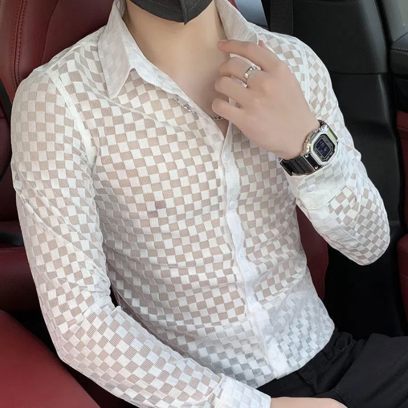 Printemps automne nouvelle mode Plaid un col pointu vêtements pour hommes chemises à manches longues bouton évider mince coréen Chaopai Blouse