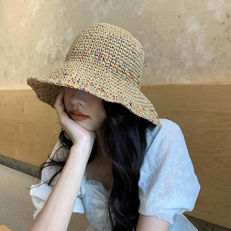 Chapeaux de paille arc-en-ciel tissés à la main pour femmes, casquettes de pêcheur coréennes d'été respirantes, casquette de plage à large bord pour filles