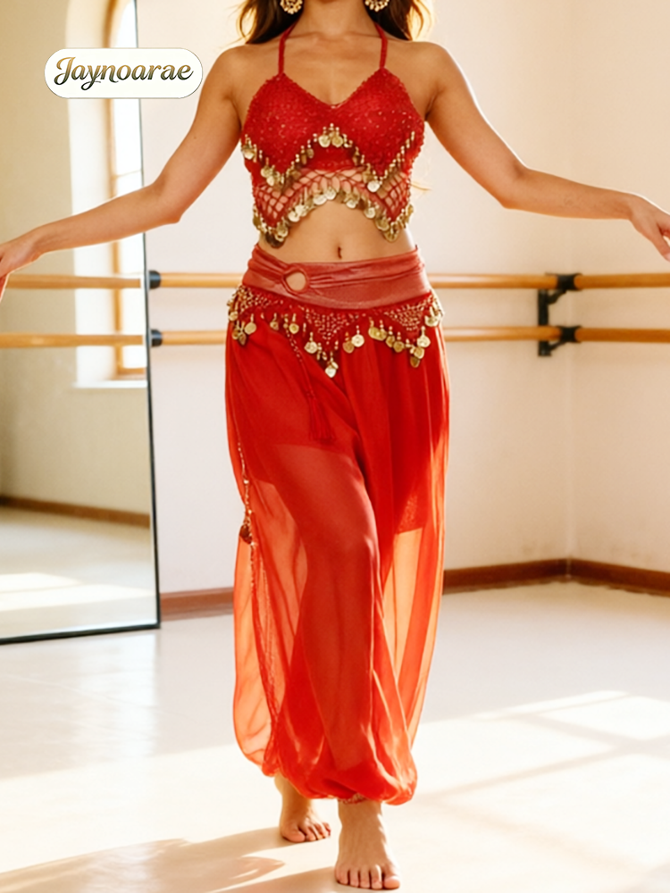 Ensemble de danse indienne Bollywood pour femmes JAYNOARAE, comprenant un soutien-gorge à paillettes scintillantes et un pantalon sarouel à jambes évasées.