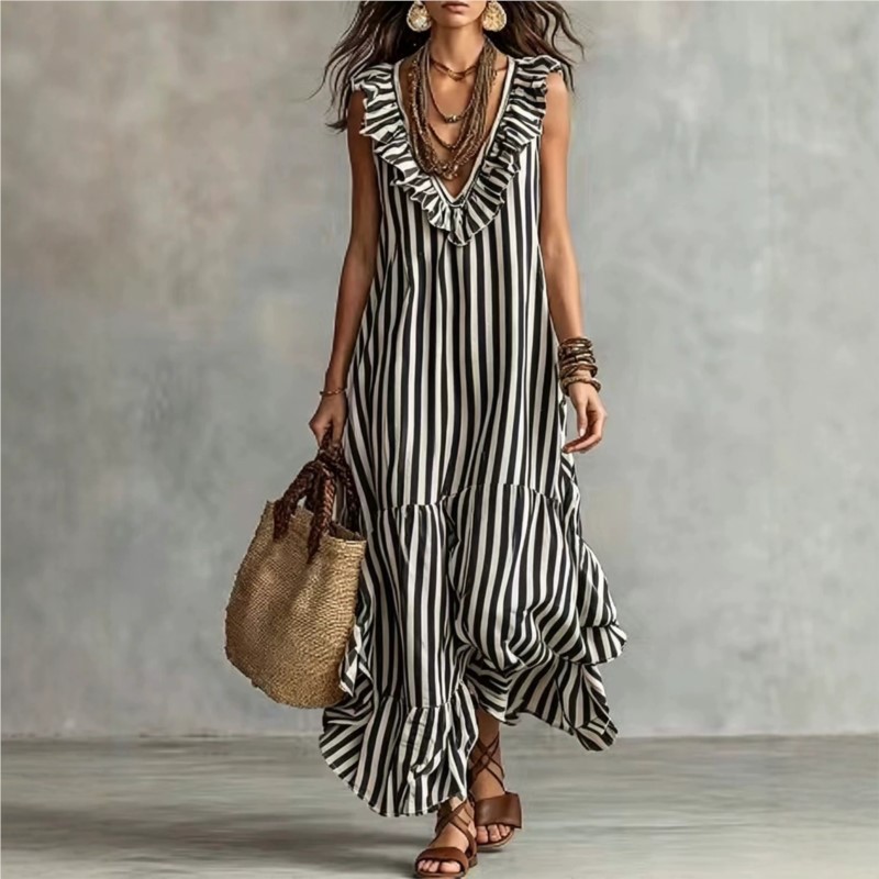 Nouvelle Robe d'Été 2026 pour Femme – Col en V, Volants, Rayures, Style Bohème Décontracté, Élégante, Unique, Tendance Niche, Confortable et Simple – Vestidos