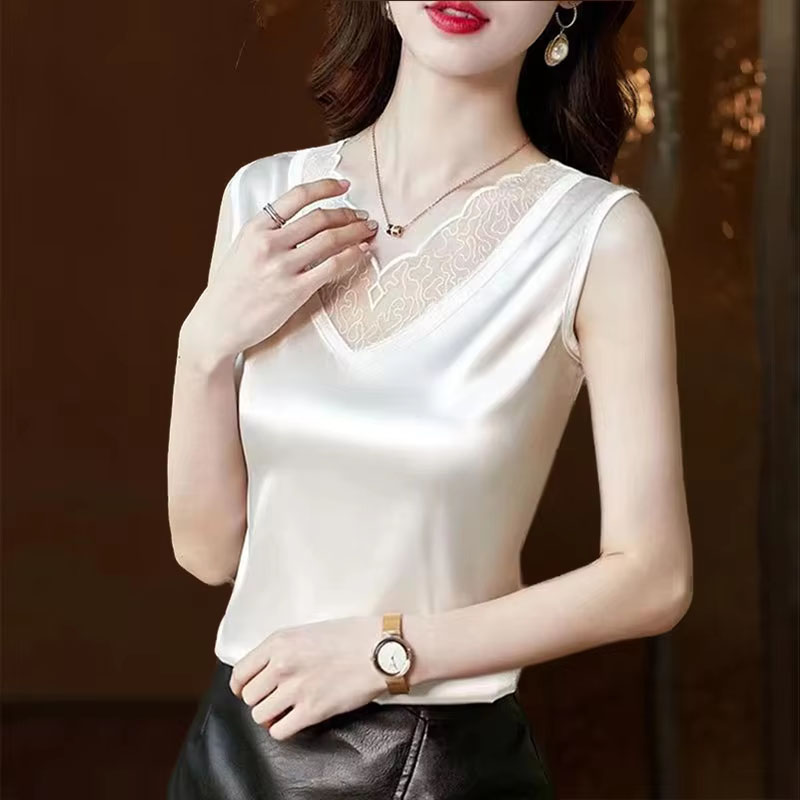 Débardeurs et hauts d'été pour femmes en dentelle et soie glacée, mode décontractée sans manches, style urbain, Hotsweet