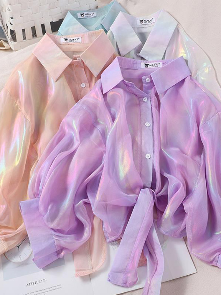 Chemise Boutonnée à Demi Manches pour Femme, Vêtement Sexy à Taille Nouée, Automne 2024
