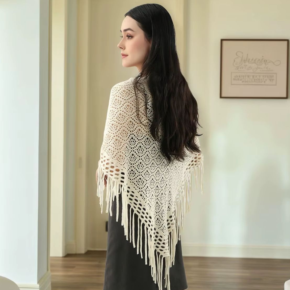 Châle long tricoté à franges, couleur unie, écharpe triangulaire pour femme, châle ajouré multifonction doux