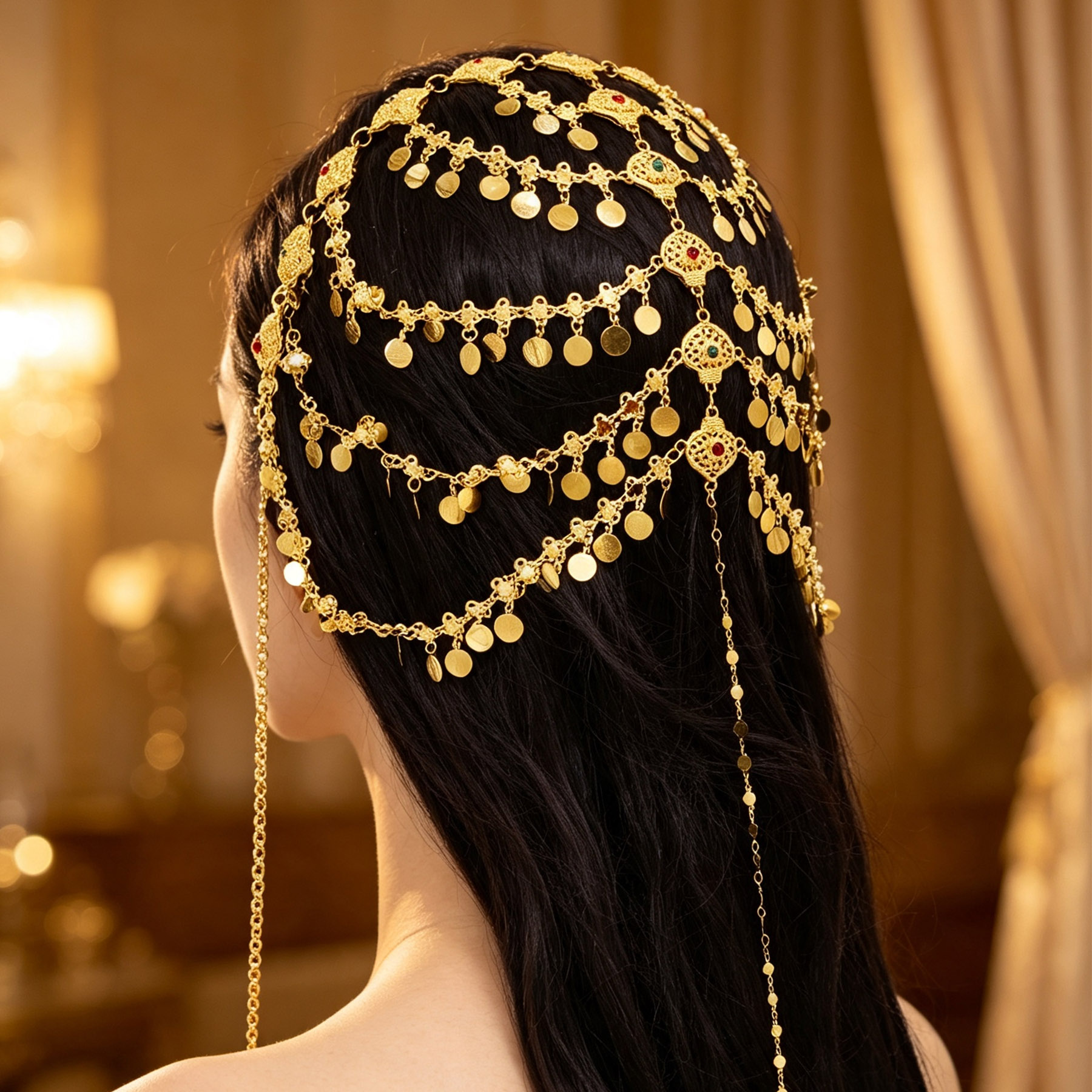 Serre-tête ethnique plaqué or, à plusieurs rangs, avec chaînes et pompons géométriques, bijou de cheveux arabe, turc, kurde, pour mariage, festival, cadeau.