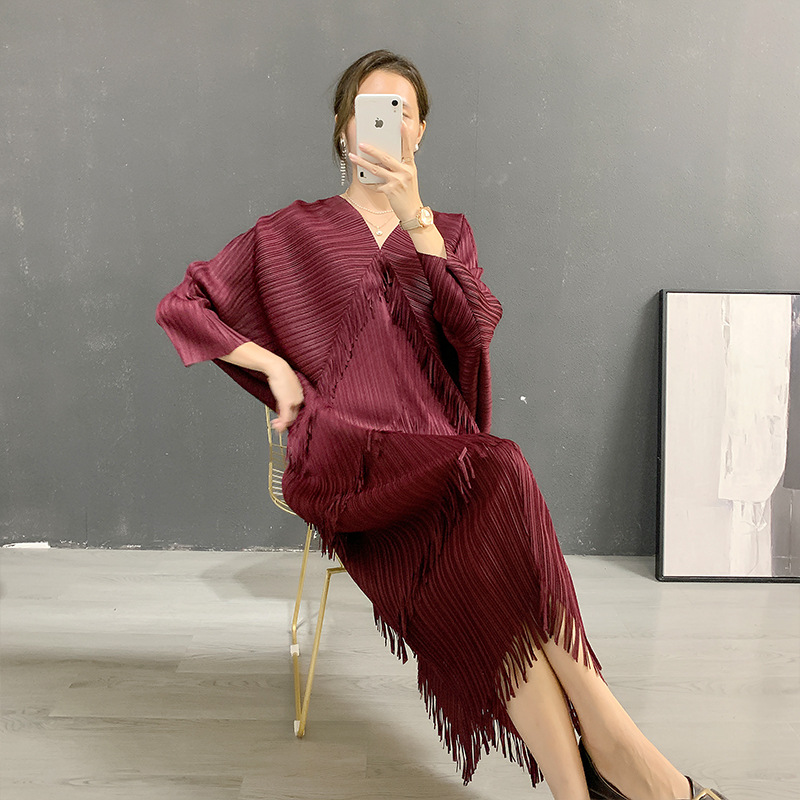 Robe de Soirée Décontractée à Franges pour Femme, Jupe à Franges, Col en V, Manches Chauve-Souris, Style Occidental, Nouvelle Collection Été 2024, Offre Spéciale